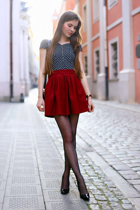 Black and white polka dot blouse, red skirt, black tights and patent ...
