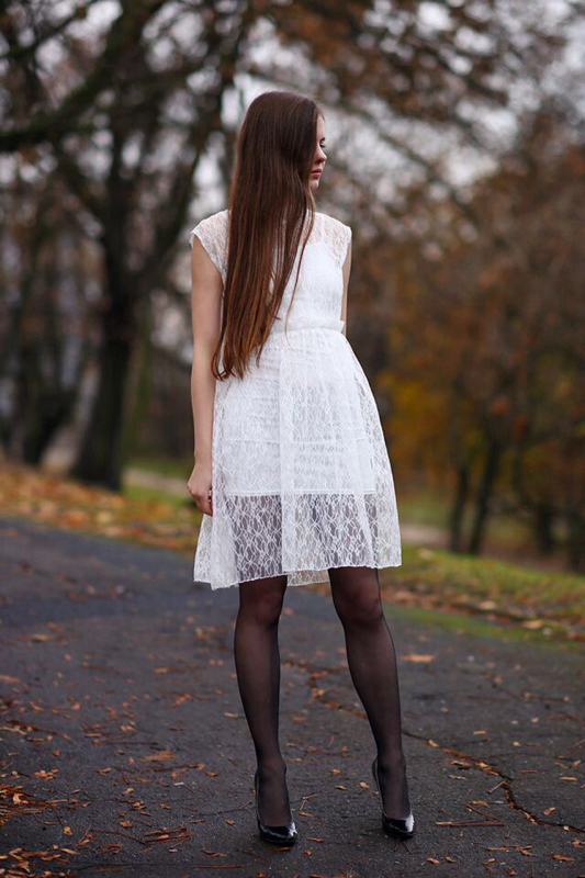 White lace dress, black tights and patent stilettos - Fashion Tights