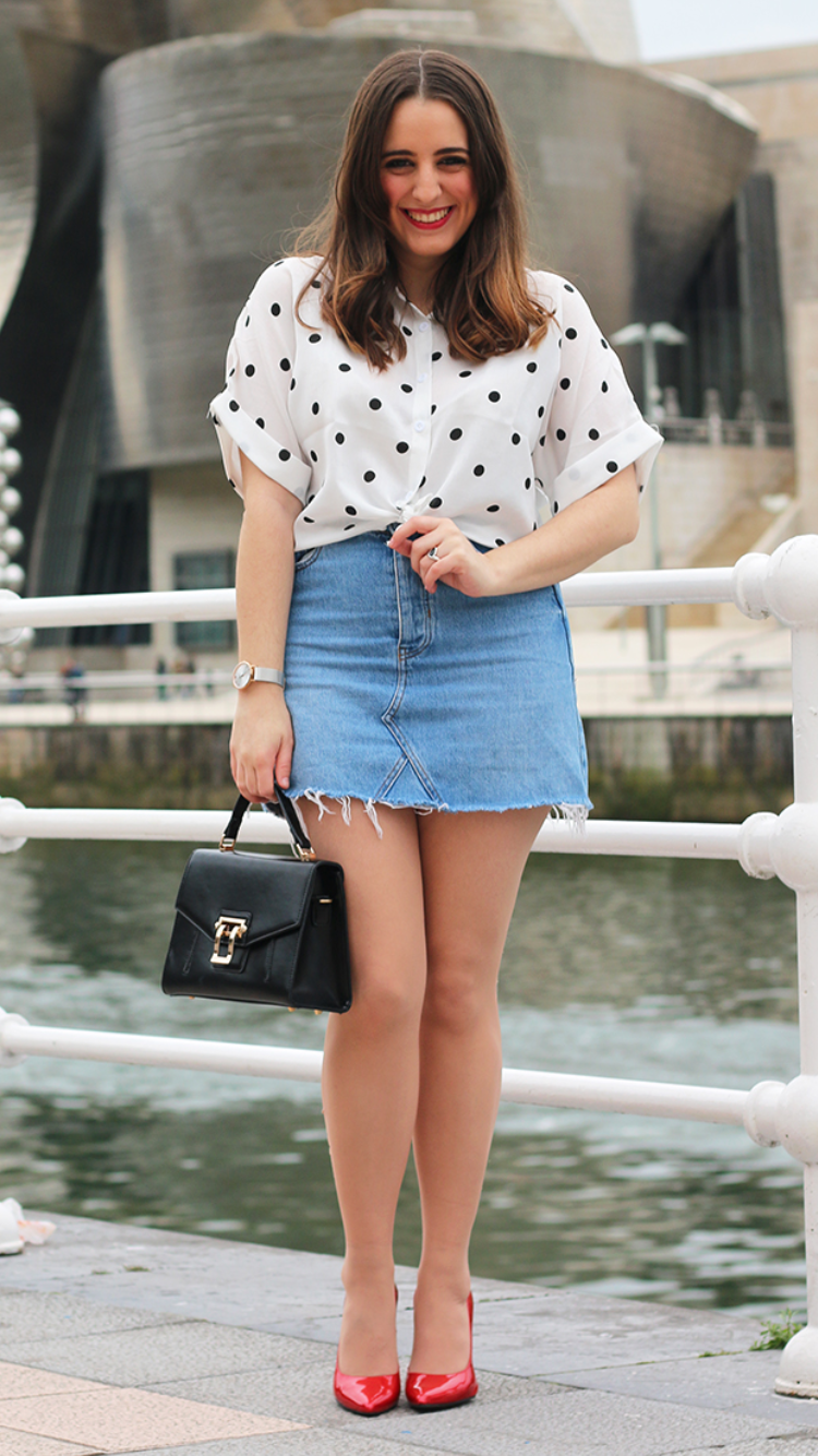 Polka dot blouse and denim skirt for spring - Fashion Tights